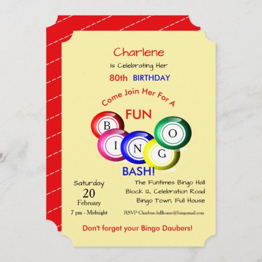 Bingo Bash Thème Amusant Colorful Invitation de la (Devant / Derrière)