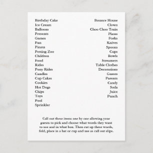 Bingo Card Birthday Party roept woorden uit Uitnodiging Briefkaart