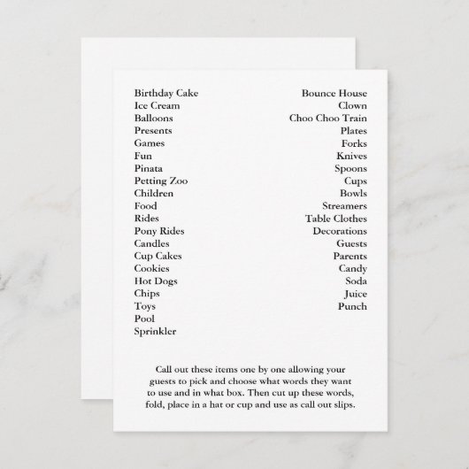 Bingo Card Birthday Party roept woorden uit Uitnodiging Briefkaart (Voorkant / Achterkant)