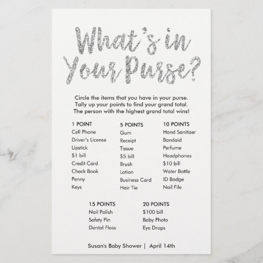 Bingo-Ce qu'il y a dans votre sac, carte en argent (Dos)