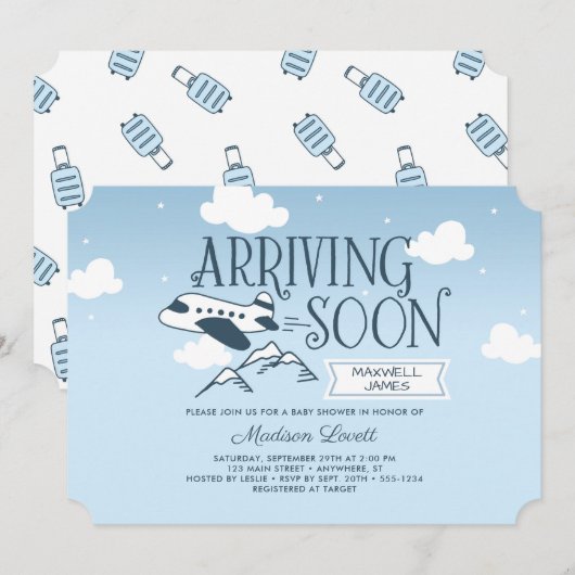 Binnenkort arriveren: Airplane Baby shower Invitat Kaart (Voorkant / Achterkant)