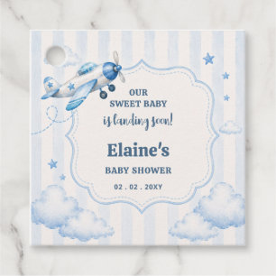 Binnenkort Landend Blauw Jongensvliegtuig Baby Bor Bedankjes Labels