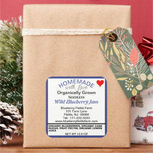 Biologische bosbessenjam zelfgemaakte inblikken vierkante sticker