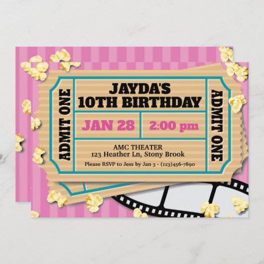 Bioscoop ticket roze uitnodiging (Voorkant / Achterkant)