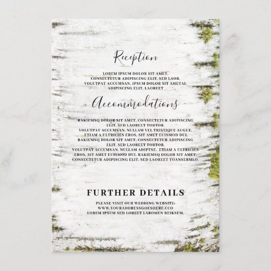 Birch Bark Rustieke bruiloft informatie gast Informatiekaartje (Voorkant)
