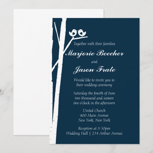 Birch Tree Birch Birds Faire-part de mariage - Ble (Devant / Derrière)