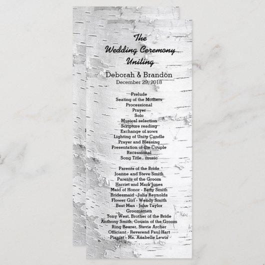Birch Tree Black en White Tall Wedding Programme Programma (Voorkant / Achterkant)