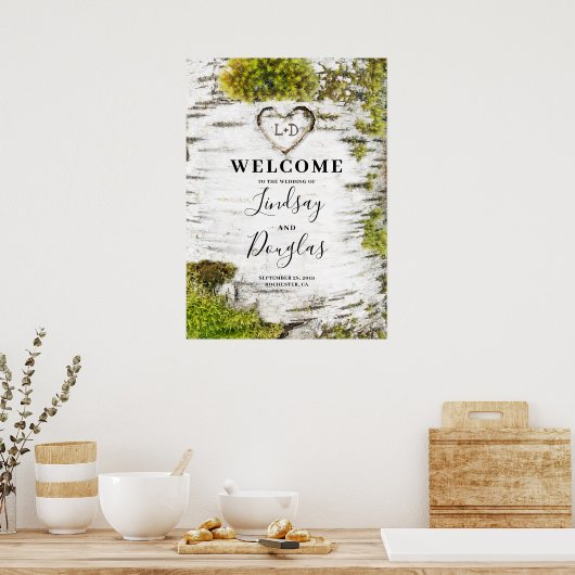 Birch Tree Heart Rustic Fall Weddenschap Welkom Poster (Keuken)