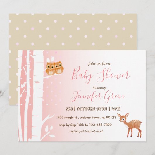 Birch Tree Owl Deer Baby Shower Invitations (Devant / Derrière)