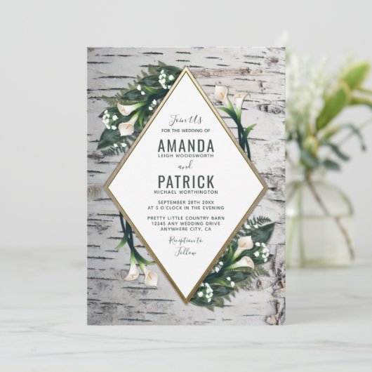 Birch Tree Rustique Calla Lily Mariage Invitations (Debout devant)