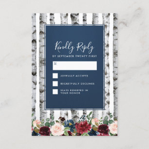 Birch Trees Navy Blue Burgundy Wedding Cartes RSVP