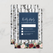 Birch Trees Navy Blue Burgundy Wedding Cartes RSVP (Devant / Derrière)