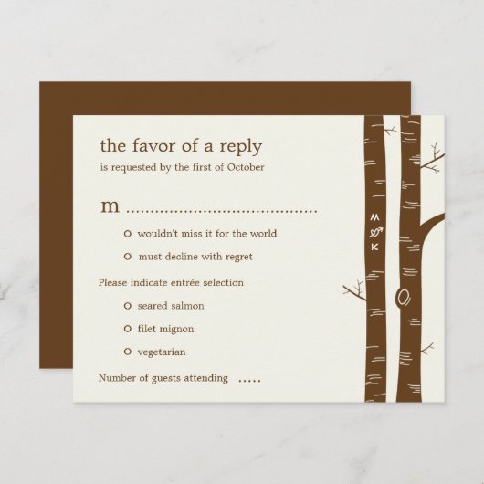 Birch Trees Wedding RSVP Card met entrée - Almond (Voorkant / Achterkant)