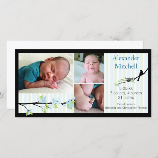 Bird and Blossoms in Blues Geboorteaankondiging Aankondiging (Voorkant / Achterkant)