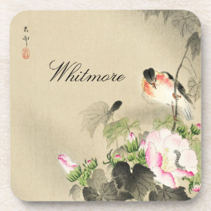 Bird and Pink Blosbezems Japans print Bier Onderzetter