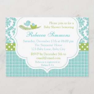 Bird Baby shower Invitation Boy Damask Blue Green Kaart