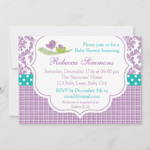 Bird Baby shower Invitation Neutral Damask Paars Kaart
