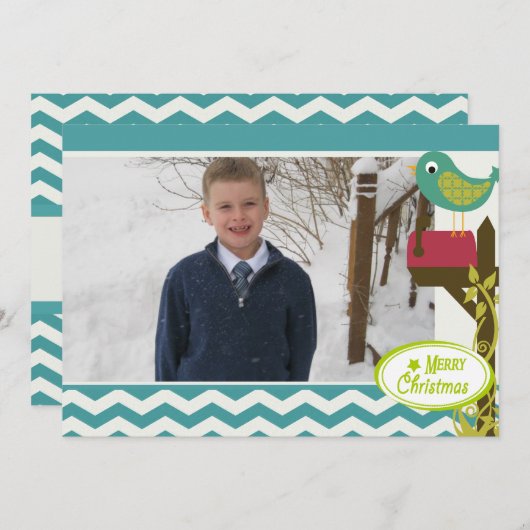 Bird Blue Chevron Stripe Carte photo de vacances (Devant / Derrière)