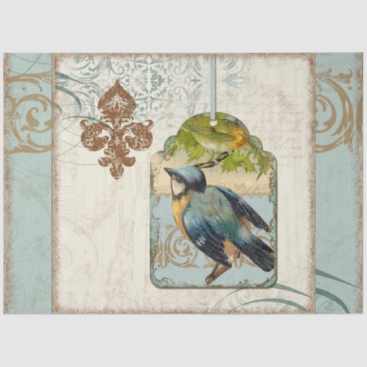 Bird Blue Yellow French Elegant Decoupage Tissuepapier (Voorkant)