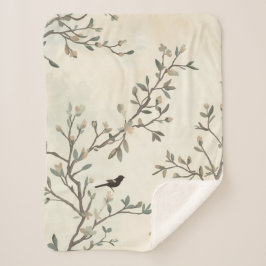 Bird Branch Watercolor Beige Nature Painting Sherpa Deken