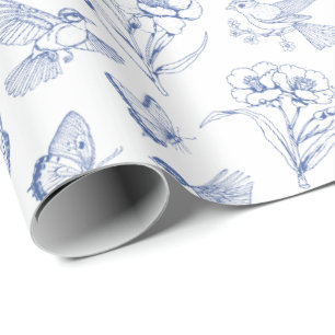 Bird & Butterfly Floral Toile Blauw Inpakpapier