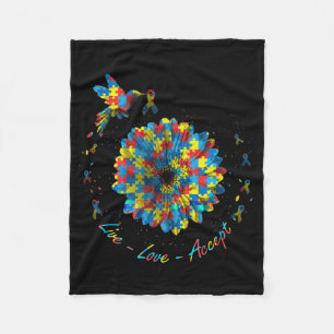 Bird Flower Ribbon Puzzle Live Love Autism Fleece Deken