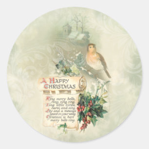  Bird, Holly & Happy Christmas Scroll Ronde Sticker
