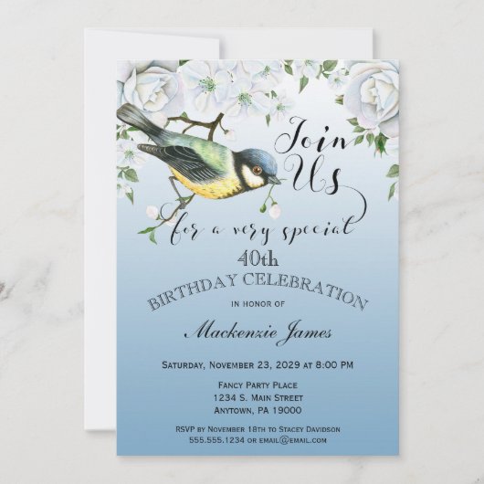 Bird Nature Anniversaire Fête Invitation Floral Bl (Devant)
