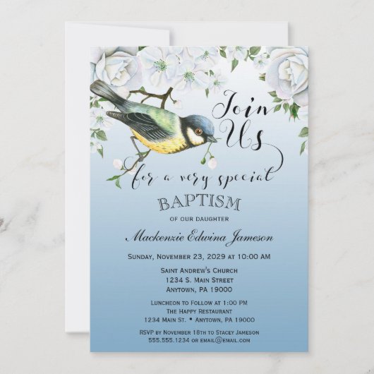 Bird Natuur Baptism Invitation Blue Floral Kaart (Voorkant)
