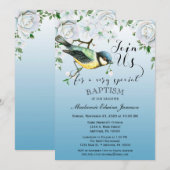 Bird Natuur Baptism Invitation Blue Floral Kaart (Voorkant / Achterkant)