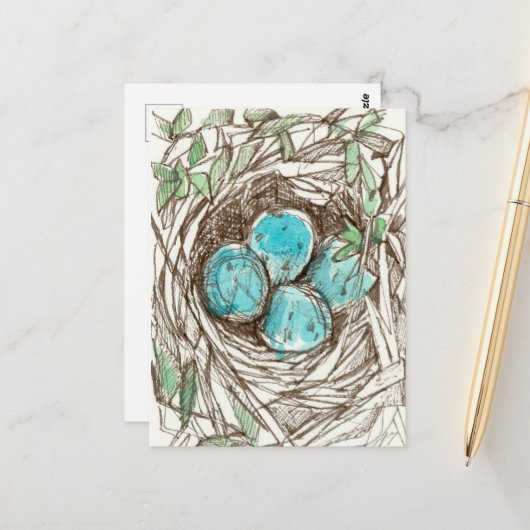 Bird Nest Blue Robin Eggs Spring Ink Tekening Briefkaart (Voorkant / Achterkant in situ)