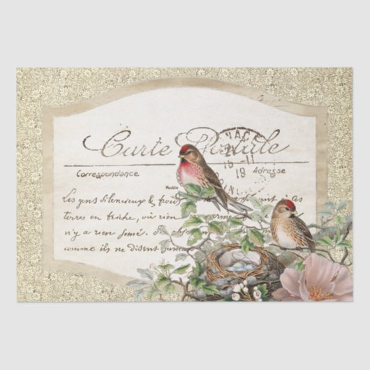 Bird Nest Gold Floral Carte Postale French Script Tissuepapier (Voorkant)