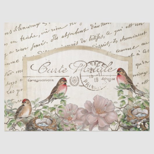 Bird Nest Gold Floral Carte Postale French Script Tissuepapier (Voorkant)