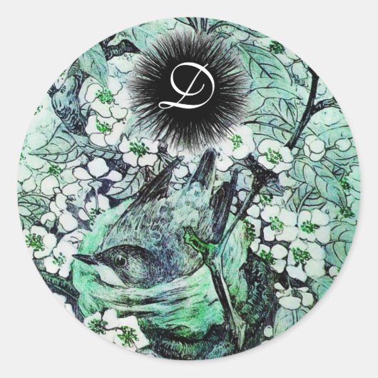 BIRD NEST-monogram, wit groen Ronde Sticker (Voorkant)