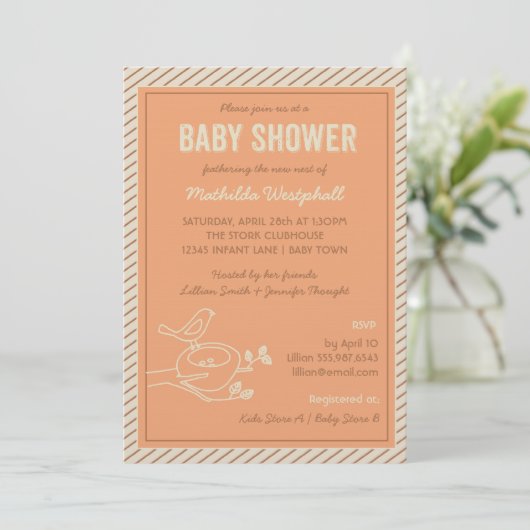 Bird Nest Oranje Baby shower Uitnodiging (Staand voorkant)