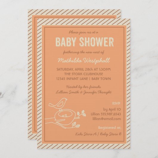 Bird Nest Oranje Baby shower Uitnodiging (Voorkant / Achterkant)