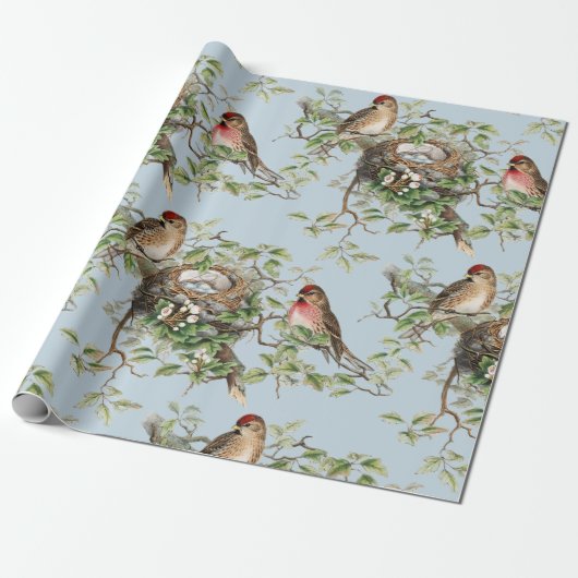 Bird Nest Pattern  Blue Natuur Ontkoppeling Cadeaupapier (Uitgerold)
