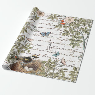 Bird Nest Pink Rose Butterfly Gold French Script Cadeaupapier
