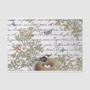 Bird Nest Pink Rose Butterfly Gold French Script Tissuepapier