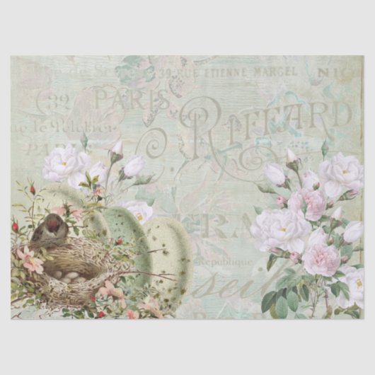 Bird Nest Roos French Script Decoupage Big Tissuepapier (Voorkant)