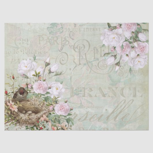Bird Nest Roos French Script Decoupage Big Tissuepapier (Voorkant)