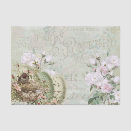 Bird Nest Roos French Script Decoupage Tissuepapier (Voorkant)