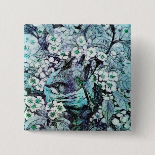 BIRD NEST, wit blauw Vierkante Button 5,1 Cm