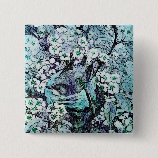 BIRD NEST, wit blauw Vierkante Button 5,1 Cm (Voorkant)