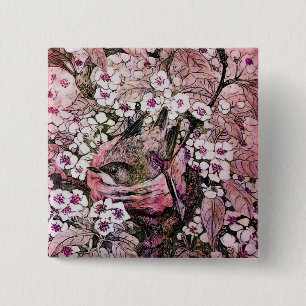 BIRD NEST, wit rood roze Vierkante Button 5,1 Cm