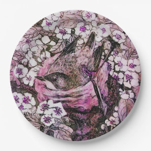 BIRD NESTAMONG SPRINGSTROMEN Roze Lila Wit Papieren Bordje