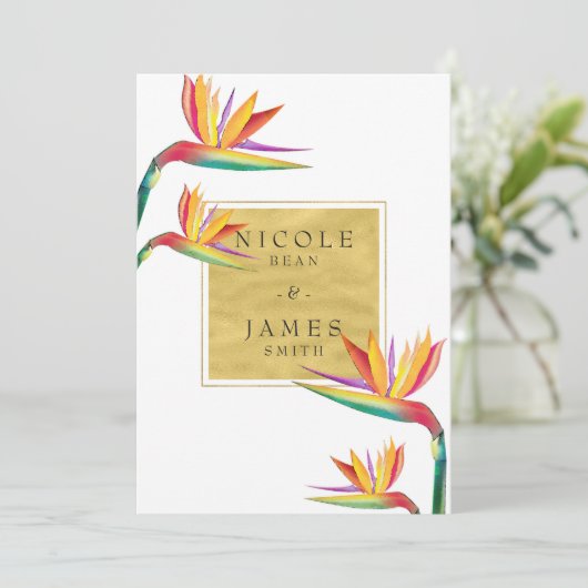 Bird of Paradise Elegant Goud Wit Bruiloft Kaart (Staand voorkant)
