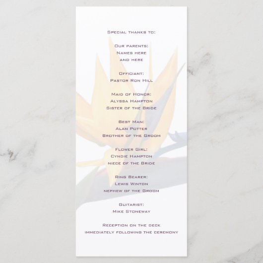 Bird of paradise Flower Wedding Programme Tall Programma (Achterkant)