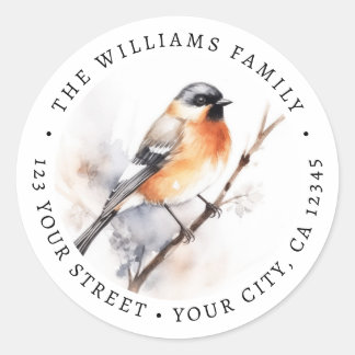 Bird perched on branch watercolor return address ronde sticker