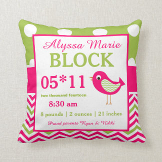 Bird Pink Green Baby Announcement Pillow Kussen